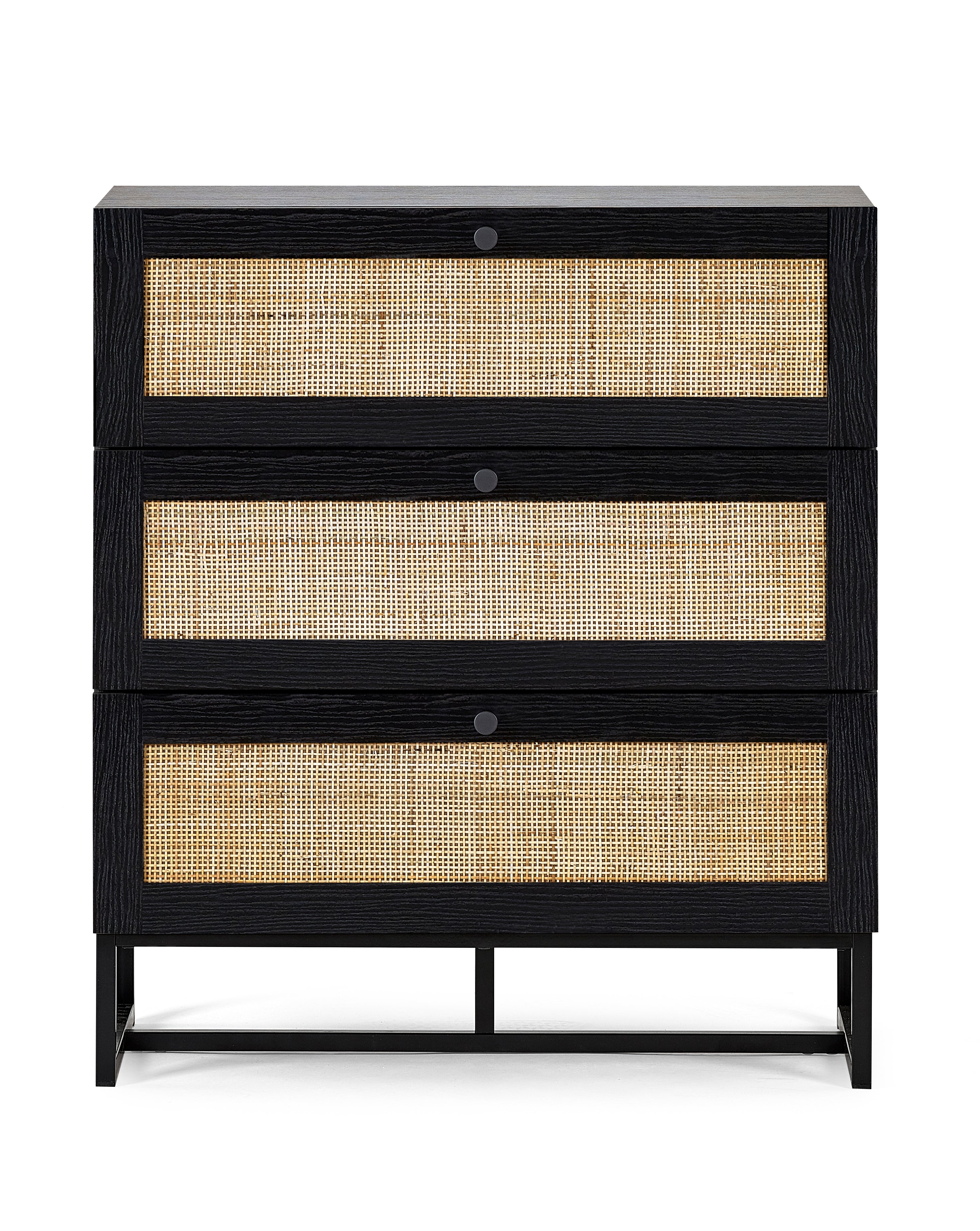 Clermont Black Oak Wood & Rattan Chest of Drawers | 3 Drawers